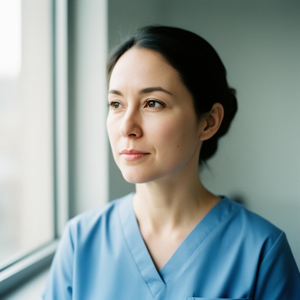 Healthcare professional reflecting on a quiet moment between shifts